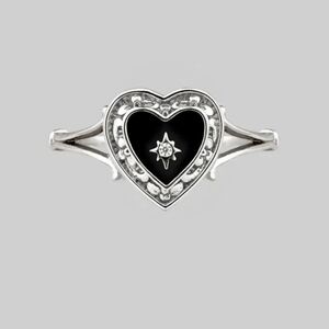 Regal Rose Sterling Silver Heart Ring with Black Enamel